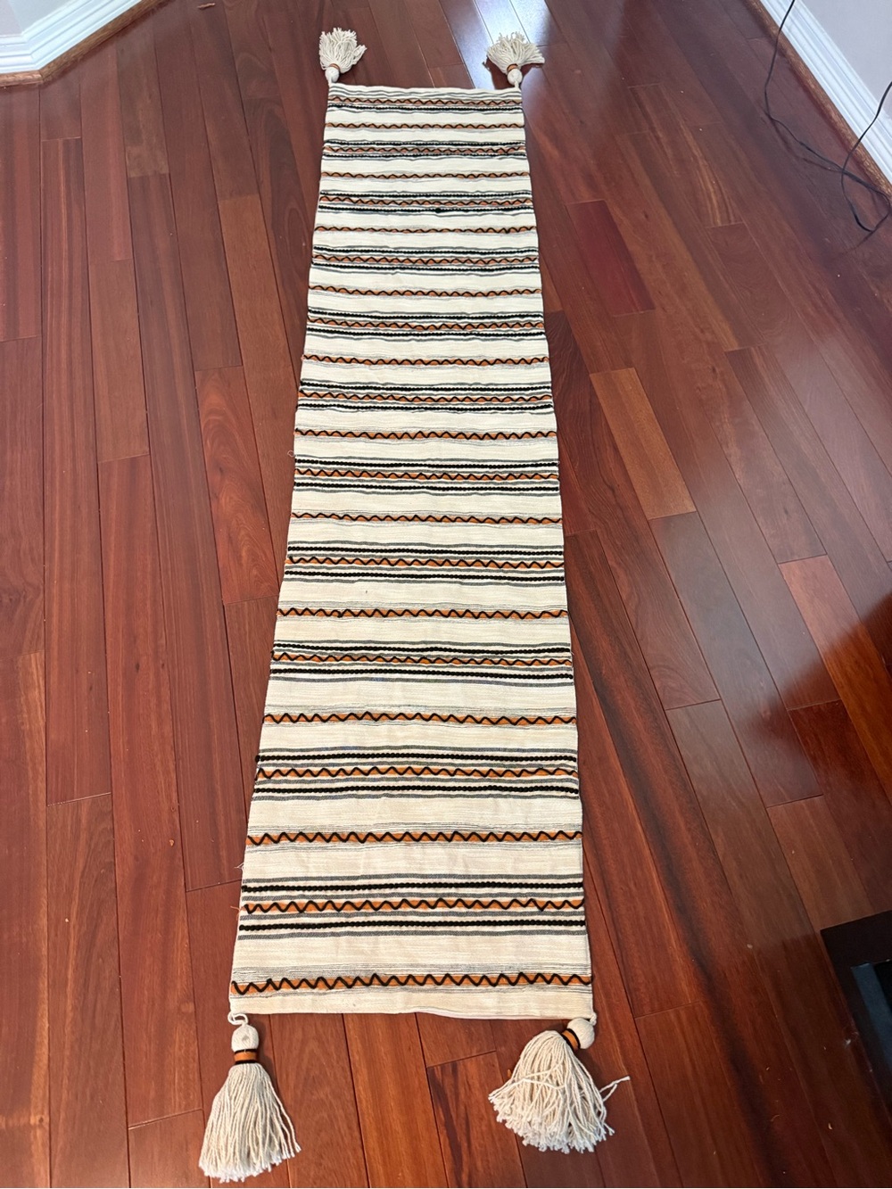 Max Studio Home Table Runner Tan/Black/Orange Tassels 100% Cotton 16 X 72